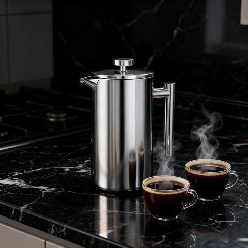 French Press Coffee Maker 34 Oz, Dual-wall insulation, easy clean, durable, Stainless Steel French Press Coffee Maker, Food grade, safe and reliable, suitable for home and camping, silver. in Saudi Arabia