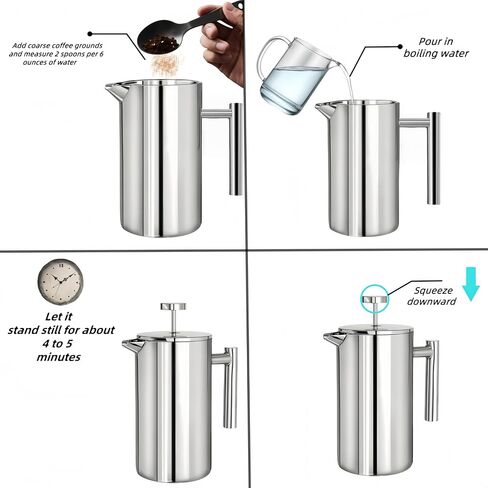 French Press Coffee Maker 34 Oz, Dual-wall insulation, easy clean, durable, Stainless Steel French Press Coffee Maker, Food grade, safe and reliable, suitable for home and camping, silver. in Saudi Arabia