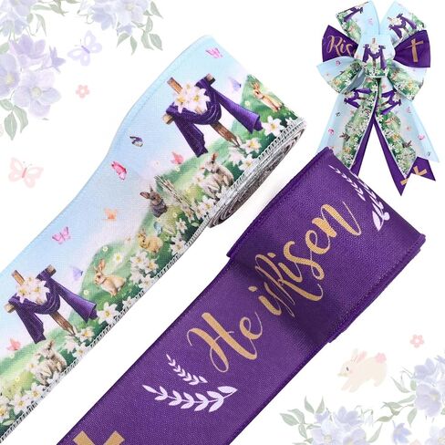2 Rolls 20 Yards He is Risen Wired Edge Ribbon Purple Easter Jesus Ribbon Spring Floral Rabbit Cross Religious Fabric Ribbon for Gift Wrapping Bow Wreath Making Craft Supplies in Saudi Arabia