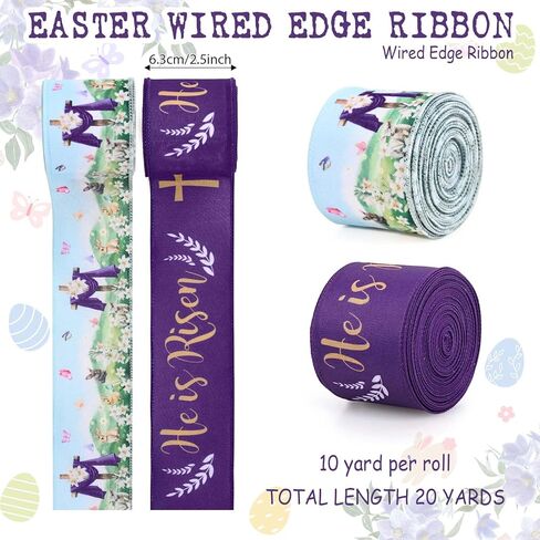 2 Rolls 20 Yards He is Risen Wired Edge Ribbon Purple Easter Jesus Ribbon Spring Floral Rabbit Cross Religious Fabric Ribbon for Gift Wrapping Bow Wreath Making Craft Supplies in Saudi Arabia