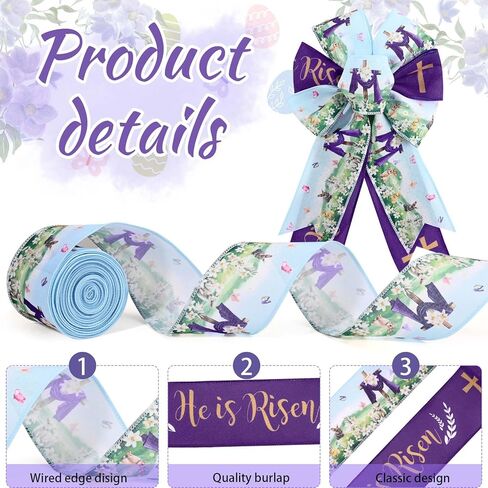 2 Rolls 20 Yards He is Risen Wired Edge Ribbon Purple Easter Jesus Ribbon Spring Floral Rabbit Cross Religious Fabric Ribbon for Gift Wrapping Bow Wreath Making Craft Supplies in Saudi Arabia