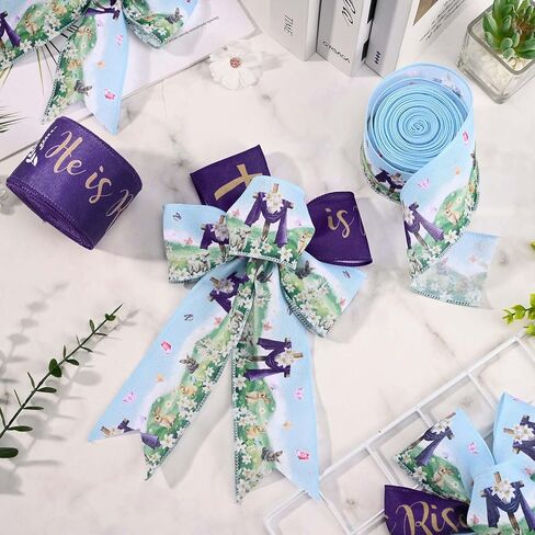 2 Rolls 20 Yards He is Risen Wired Edge Ribbon Purple Easter Jesus Ribbon Spring Floral Rabbit Cross Religious Fabric Ribbon for Gift Wrapping Bow Wreath Making Craft Supplies in Saudi Arabia