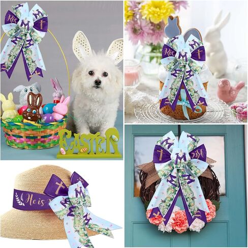 2 Rolls 20 Yards He is Risen Wired Edge Ribbon Purple Easter Jesus Ribbon Spring Floral Rabbit Cross Religious Fabric Ribbon for Gift Wrapping Bow Wreath Making Craft Supplies in Saudi Arabia