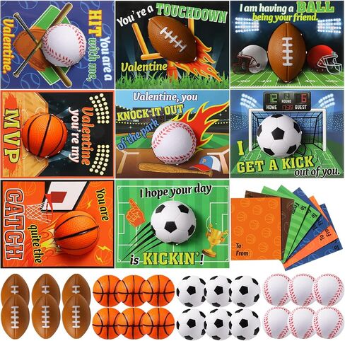 Tatuo 24 Pack Sports Valentines Cards with Stress Balls Bulk - Valentine's Day Cards Gift Exchange Mini Bouncy Basketball Baseball Soccer Football Squish Ball Party Favors for Sports Theme Prize Gift in Saudi Arabia