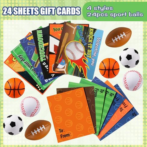 Tatuo 24 Pack Sports Valentines Cards with Stress Balls Bulk - Valentine's Day Cards Gift Exchange Mini Bouncy Basketball Baseball Soccer Football Squish Ball Party Favors for Sports Theme Prize Gift in Saudi Arabia