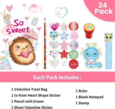 Ceiba Tree 24 Pack Valentines Day Stationery Gifts Set for Kids Classroom Exchange Gift Set with Pencil Notepad Stamp Treat Goodie Bag Stuffers Sticker Ruler for School Valentine Party Favors Supplies in Saudi Arabia