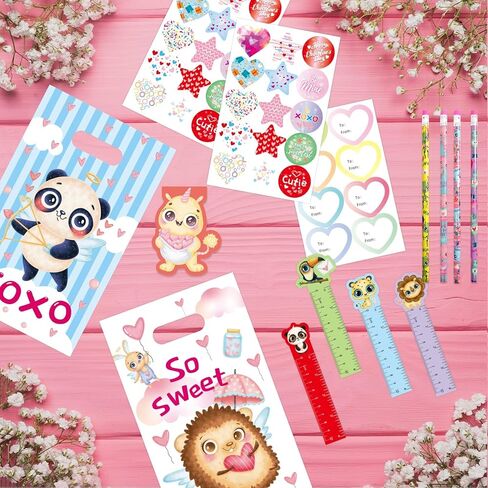 Ceiba Tree 24 Pack Valentines Day Stationery Gifts Set for Kids Classroom Exchange Gift Set with Pencil Notepad Stamp Treat Goodie Bag Stuffers Sticker Ruler for School Valentine Party Favors Supplies in Saudi Arabia