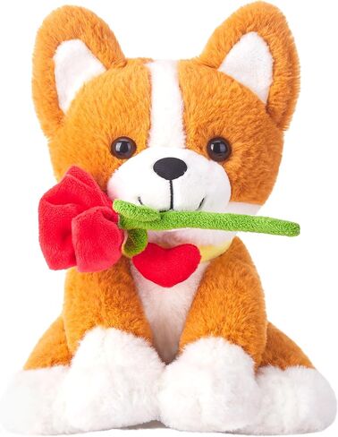 IKASA Corgi Dog Stuffed Animal Plush Toy with Rose Flower for Valentine,Cute Puppy 11" Soft Plushie,Gifts for Girlfriend in Saudi Arabia