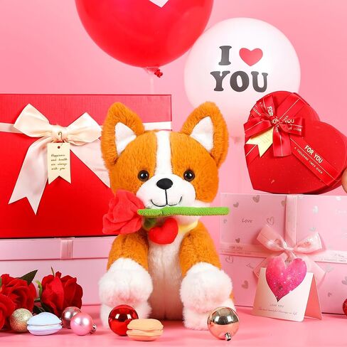 IKASA Corgi Dog Stuffed Animal Plush Toy with Rose Flower for Valentine,Cute Puppy 11" Soft Plushie,Gifts for Girlfriend in Saudi Arabia