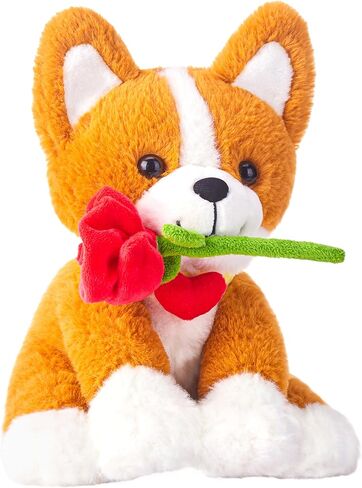 IKASA Corgi Dog Stuffed Animal Plush Toy with Rose Flower for Valentine,Cute Puppy 11" Soft Plushie,Gifts for Girlfriend in Saudi Arabia