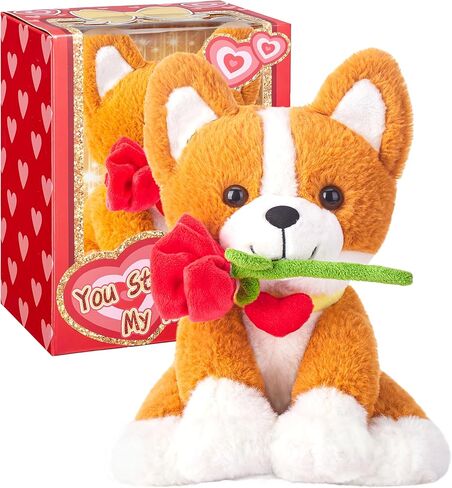 IKASA Corgi Dog Stuffed Animal Plush Toy with Rose Flower for Valentine,Cute Puppy 11" Soft Plushie,Gifts for Girlfriend in Saudi Arabia