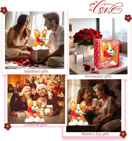 IKASA Corgi Dog Stuffed Animal Plush Toy with Rose Flower for Valentine,Cute Puppy 11" Soft Plushie,Gifts for Girlfriend in Saudi Arabia