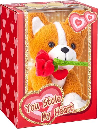 IKASA Corgi Dog Stuffed Animal Plush Toy with Rose Flower for Valentine,Cute Puppy 11" Soft Plushie,Gifts for Girlfriend in Saudi Arabia