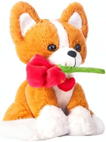 IKASA Corgi Dog Stuffed Animal Plush Toy with Rose Flower for Valentine,Cute Puppy 11" Soft Plushie,Gifts for Girlfriend in Saudi Arabia