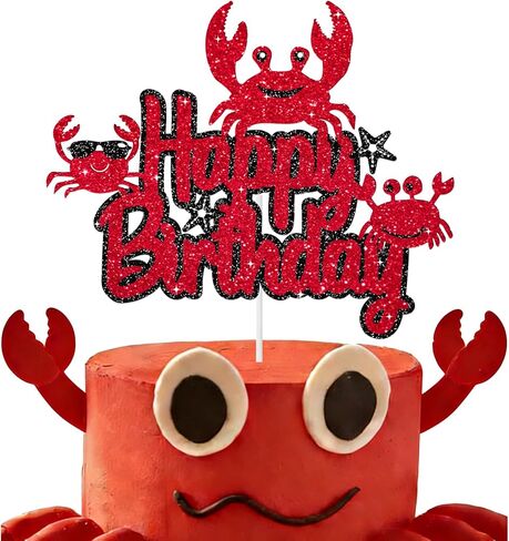Crab Happy Birthday Cake Topper Ocean Under The Sea Animals Theme Birthday Party Cake Decoration Cute Crab Seaweed Starfish Party Decoration Supplies for Kids Boys Girls, Black Red Glitter in Saudi Arabia