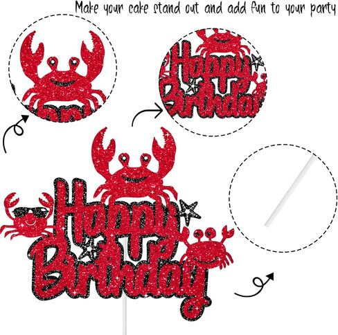 Crab Happy Birthday Cake Topper Ocean Under The Sea Animals Theme Birthday Party Cake Decoration Cute Crab Seaweed Starfish Party Decoration Supplies for Kids Boys Girls, Black Red Glitter in Saudi Arabia