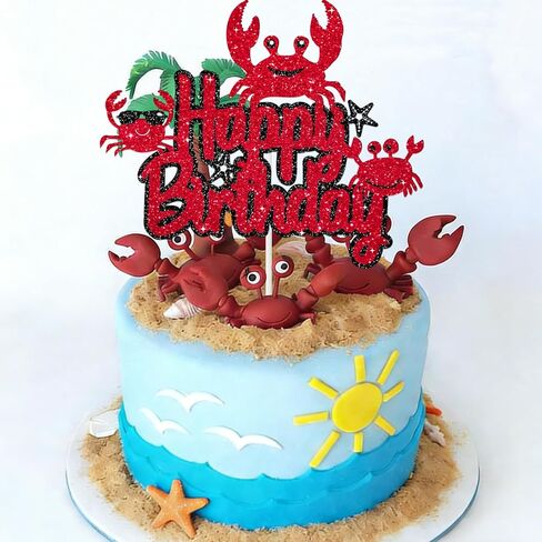Crab Happy Birthday Cake Topper Ocean Under The Sea Animals Theme Birthday Party Cake Decoration Cute Crab Seaweed Starfish Party Decoration Supplies for Kids Boys Girls, Black Red Glitter in Saudi Arabia