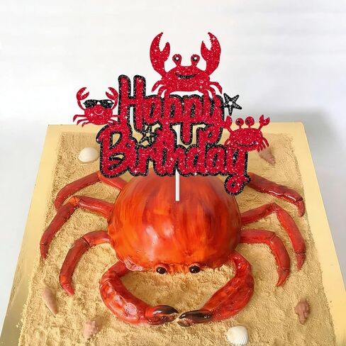 Crab Happy Birthday Cake Topper Ocean Under The Sea Animals Theme Birthday Party Cake Decoration Cute Crab Seaweed Starfish Party Decoration Supplies for Kids Boys Girls, Black Red Glitter in Saudi Arabia