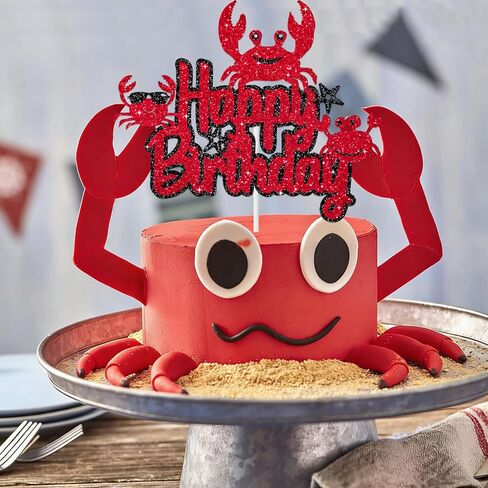 Crab Happy Birthday Cake Topper Ocean Under The Sea Animals Theme Birthday Party Cake Decoration Cute Crab Seaweed Starfish Party Decoration Supplies for Kids Boys Girls, Black Red Glitter in Saudi Arabia
