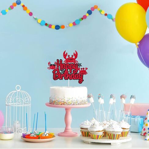 Crab Happy Birthday Cake Topper Ocean Under The Sea Animals Theme Birthday Party Cake Decoration Cute Crab Seaweed Starfish Party Decoration Supplies for Kids Boys Girls, Black Red Glitter in Saudi Arabia