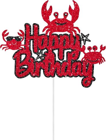 Crab Happy Birthday Cake Topper Ocean Under The Sea Animals Theme Birthday Party Cake Decoration Cute Crab Seaweed Starfish Party Decoration Supplies for Kids Boys Girls, Black Red Glitter in Saudi Arabia