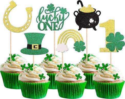 24 PCS Lucky Four Leaf Clover Cupcake Toppers Green Glitter St.Patrick's Day Shamrock Cupcake Picks St Patrick's Day Baby Shower Birthday Party Cake Decorations Supplies in Saudi Arabia