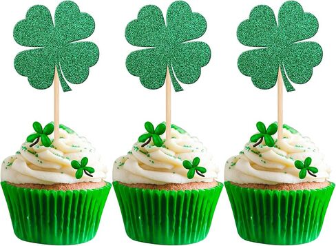24 PCS Lucky Four Leaf Clover Cupcake Toppers Green Glitter St.Patrick's Day Shamrock Cupcake Picks St Patrick's Day Baby Shower Birthday Party Cake Decorations Supplies in Saudi Arabia