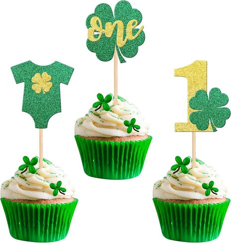 24 PCS Lucky Four Leaf Clover Cupcake Toppers Green Glitter St.Patrick's Day Shamrock Cupcake Picks St Patrick's Day Baby Shower Birthday Party Cake Decorations Supplies in Saudi Arabia