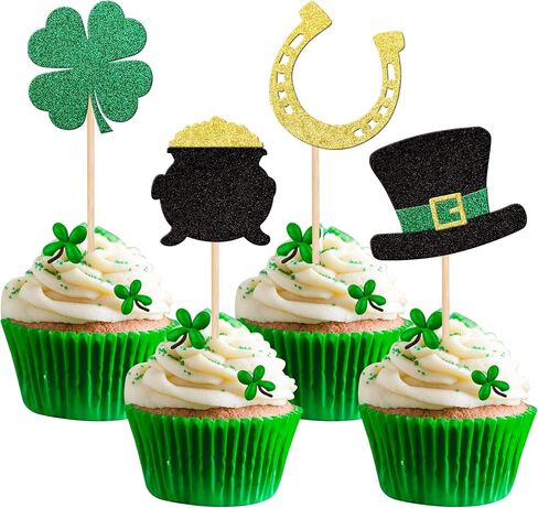 24 PCS Lucky Four Leaf Clover Cupcake Toppers Green Glitter St.Patrick's Day Shamrock Cupcake Picks St Patrick's Day Baby Shower Birthday Party Cake Decorations Supplies in Saudi Arabia