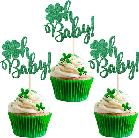 24 PCS Lucky Four Leaf Clover Cupcake Toppers Green Glitter St.Patrick's Day Shamrock Cupcake Picks St Patrick's Day Baby Shower Birthday Party Cake Decorations Supplies in Saudi Arabia