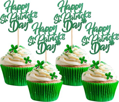 24 PCS Lucky Four Leaf Clover Cupcake Toppers Green Glitter St.Patrick's Day Shamrock Cupcake Picks St Patrick's Day Baby Shower Birthday Party Cake Decorations Supplies in Saudi Arabia