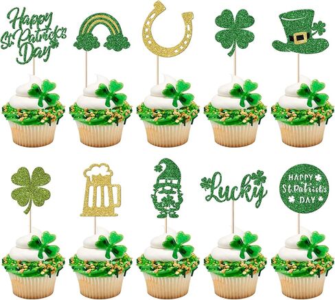 24 PCS Lucky Four Leaf Clover Cupcake Toppers Green Glitter St.Patrick's Day Shamrock Cupcake Picks St Patrick's Day Baby Shower Birthday Party Cake Decorations Supplies in Saudi Arabia