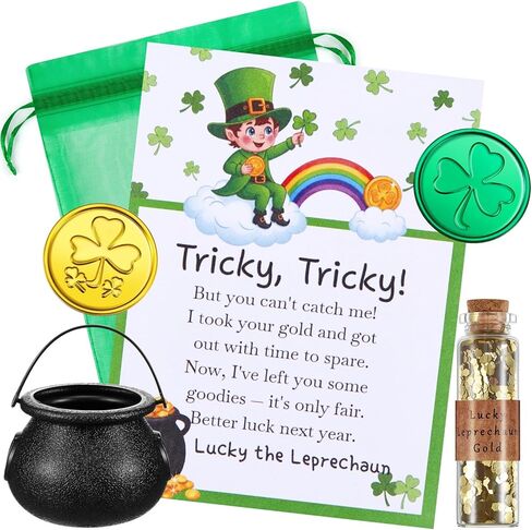 St. Patrick's Day Leprechaun Trap Kit Leprechaun Letter Shamrock Green Gold Coins Printed Note Mini Gold Glitter in Corked Bottle for Irish Trap Gift Party Decor Supplies(Lucky Hat) in Saudi Arabia