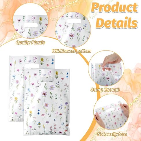 Ouligay 50PCS Plastic Wildflower Goodie Bags Reusable Party Favor Bags with Handles Vintage Floral Gift Bag Wildfloral Candy Treat Bag for Baby Shower Wedding Birthday Supplies Colorful in Saudi Arabia