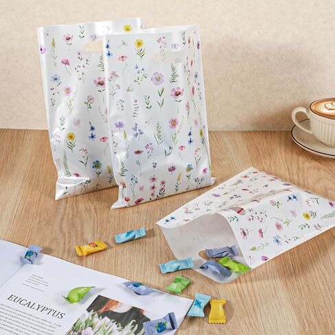 Ouligay 50PCS Plastic Wildflower Goodie Bags Reusable Party Favor Bags with Handles Vintage Floral Gift Bag Wildfloral Candy Treat Bag for Baby Shower Wedding Birthday Supplies Colorful in Saudi Arabia