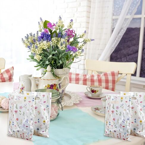 Ouligay 50PCS Plastic Wildflower Goodie Bags Reusable Party Favor Bags with Handles Vintage Floral Gift Bag Wildfloral Candy Treat Bag for Baby Shower Wedding Birthday Supplies Colorful in Saudi Arabia