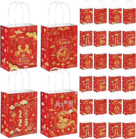Zoketriton 24 Pack Chinese New Year Party Supplies Paper Gift Bags with Handle, Year of the Horse Pattern Lunar New Year Party Favor Treat Bags for Chinese Spring Festival Party Supplies Decoration in Kuwait