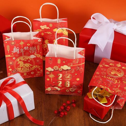 Zoketriton 24 Pack Chinese New Year Party Supplies Paper Gift Bags with Handle, Year of the Horse Pattern Lunar New Year Party Favor Treat Bags for Chinese Spring Festival Party Supplies Decoration in Kuwait