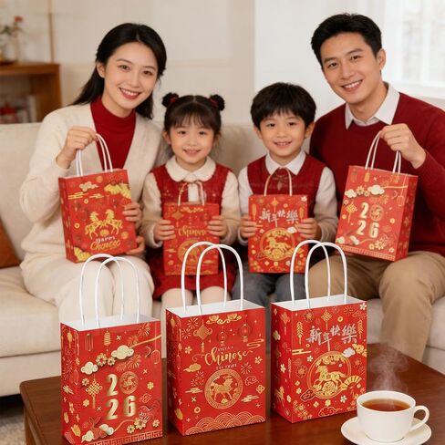 Zoketriton 24 Pack Chinese New Year Party Supplies Paper Gift Bags with Handle, Year of the Horse Pattern Lunar New Year Party Favor Treat Bags for Chinese Spring Festival Party Supplies Decoration in Kuwait