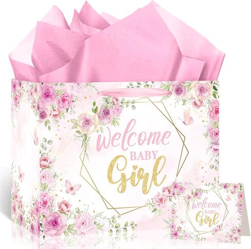 حقيبة هدايا Woosytoo Welcome Baby Girl Gift Bag من Boho Pampas Grass Wrapping مع بطاقة تهنئة وورق مناديل ذهبية سعة كبيرة حقيبة هدايا لحفلات استقبال المولود الجديد تكشف عن لوازم حفلات أعياد الميلاد in Saudi Arabia