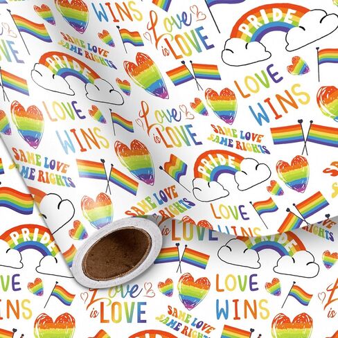 LeZakaa Pride Month Wrapping Paper Roll, Heart-Shaped Rainbow & Pride Flag Design, Love is Love, Love Wins Text, for LGBTQ+ Celebrations & Equality Events, Wedding, Birthday, 17" x 16.4 Ft in Saudi Arabia