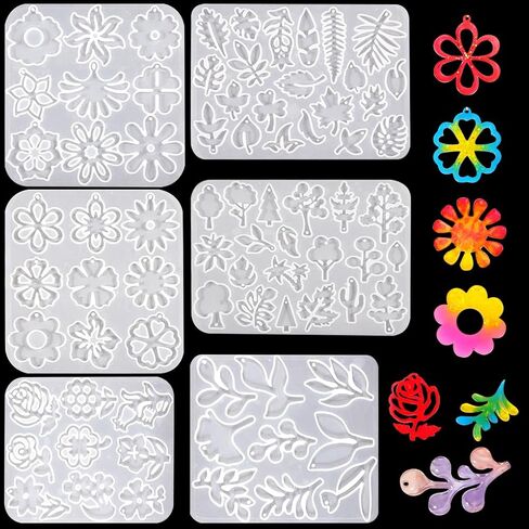 FineInno 6pcs Flowers Pendant Resin Molds Silicone Tree Earrings Epoxy Molds with Holes DIY Foliage Epoxy Resin Molds Silicone for Necklace Jewelry Making in Saudi Arabia