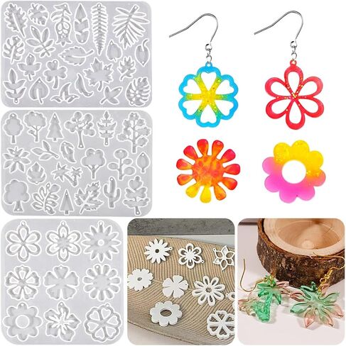 FineInno 6pcs Flowers Pendant Resin Molds Silicone Tree Earrings Epoxy Molds with Holes DIY Foliage Epoxy Resin Molds Silicone for Necklace Jewelry Making in Saudi Arabia