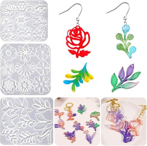 FineInno 6pcs Flowers Pendant Resin Molds Silicone Tree Earrings Epoxy Molds with Holes DIY Foliage Epoxy Resin Molds Silicone for Necklace Jewelry Making in Saudi Arabia
