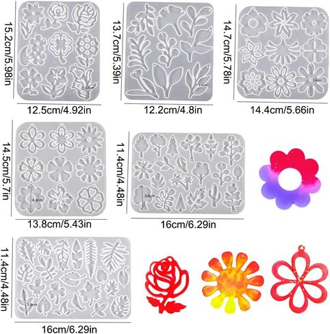 FineInno 6pcs Flowers Pendant Resin Molds Silicone Tree Earrings Epoxy Molds with Holes DIY Foliage Epoxy Resin Molds Silicone for Necklace Jewelry Making in Saudi Arabia