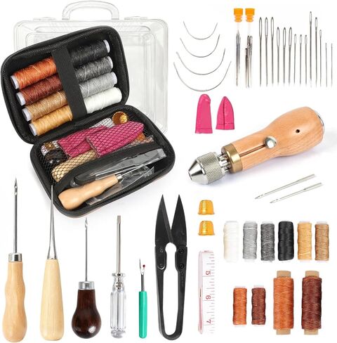 45PCS Leather Sewing Kit with Wooden Handle Awl Tool, Speedy Stitcher Sewing Awl Kit for Leather Repair, Shoes, Bags, Camping Gear, DIY Craft Beginners & Professionals in Kuwait
