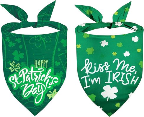 St. Patrick's Day Dog Bandanas 2 Pack, Reversible Green Shamrock Pet Scarf Irish Puppy Kerchief for Boy Girl Adjustable Saint Patrick Bandanas for Medium Large Dogs (Large, Green Clover) in Kuwait