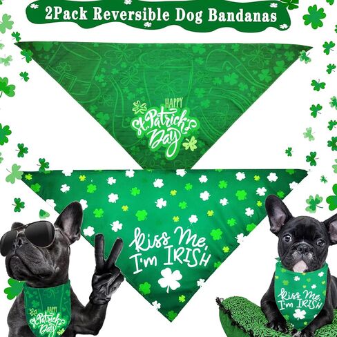St. Patrick's Day Dog Bandanas 2 Pack, Reversible Green Shamrock Pet Scarf Irish Puppy Kerchief for Boy Girl Adjustable Saint Patrick Bandanas for Medium Large Dogs (Large, Green Clover) in Kuwait