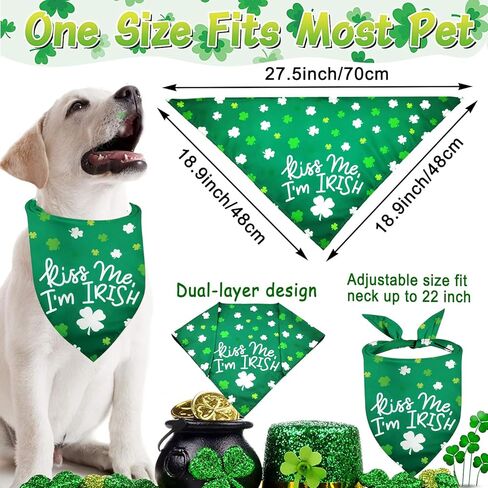 St. Patrick's Day Dog Bandanas 2 Pack, Reversible Green Shamrock Pet Scarf Irish Puppy Kerchief for Boy Girl Adjustable Saint Patrick Bandanas for Medium Large Dogs (Large, Green Clover) in Kuwait