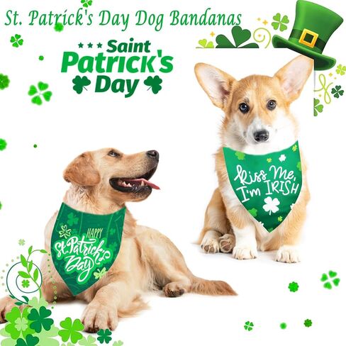 St. Patrick's Day Dog Bandanas 2 Pack, Reversible Green Shamrock Pet Scarf Irish Puppy Kerchief for Boy Girl Adjustable Saint Patrick Bandanas for Medium Large Dogs (Large, Green Clover) in Kuwait